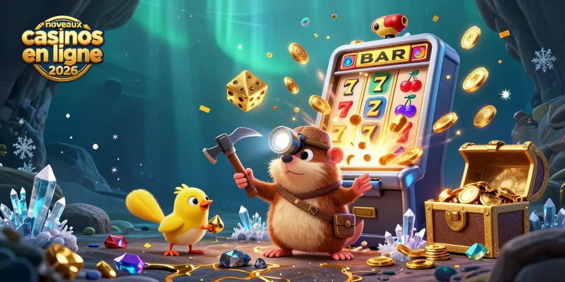 Illustration dynamique sur les nouveaux casinos en ligne 2026 avec un mole et une canarie dans une grotte.