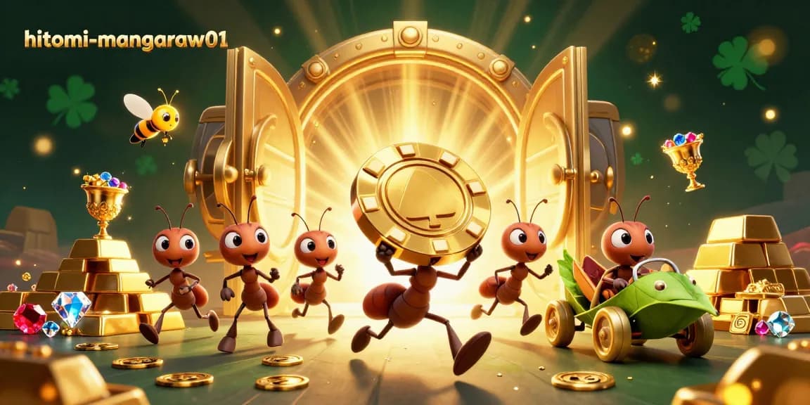 Experience the excitement of hitomi-mangaraw01 as ants execute a heist with a gigantic poker chip amidst a treasure trove.