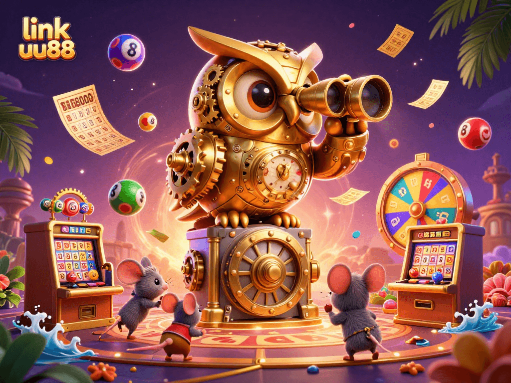 Enjoy thrilling gaming with link uu88 as a golden owl gazes over vibrant casino action.