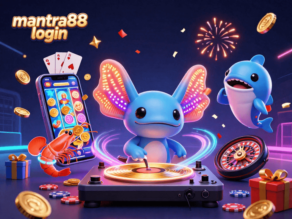 Engage with mantra88 login and join the vibrant casino scene featuring a neon axolotl DJ.