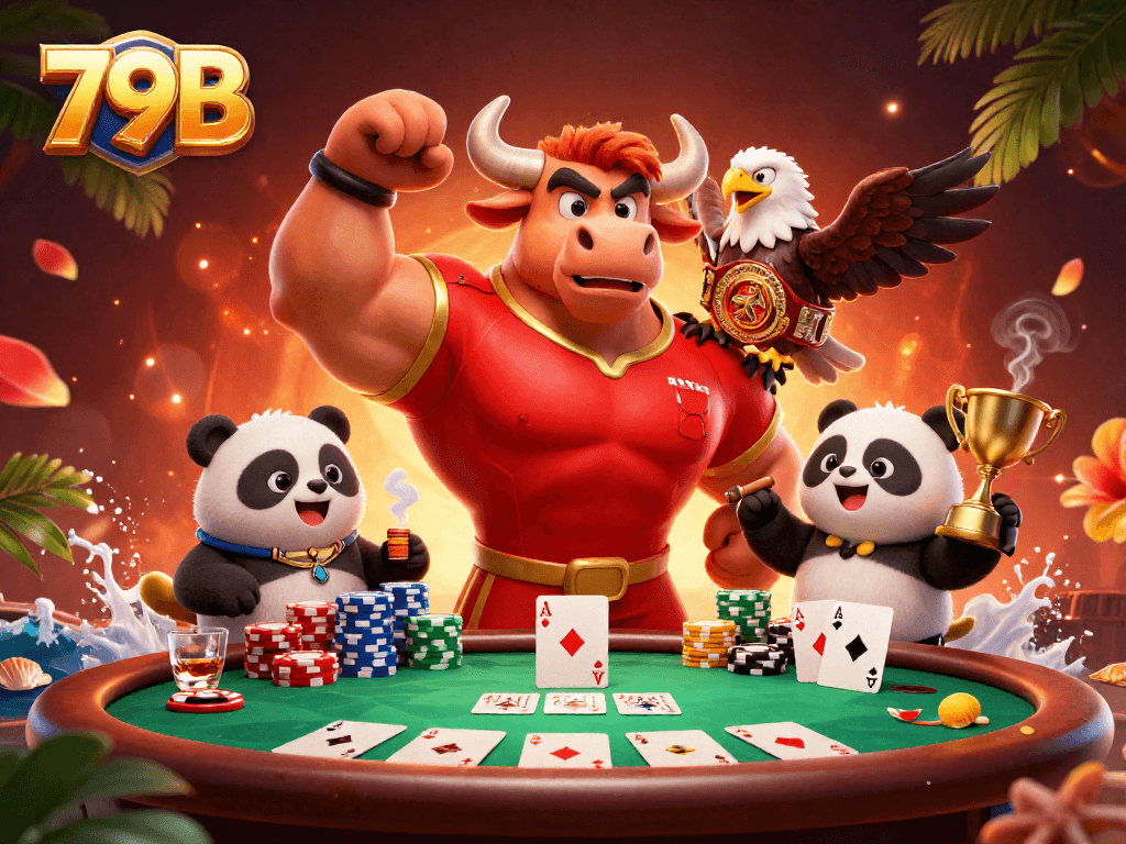 Ganhe jogando no cassino 79B com o mascote touro em pose de vitória e troféus.