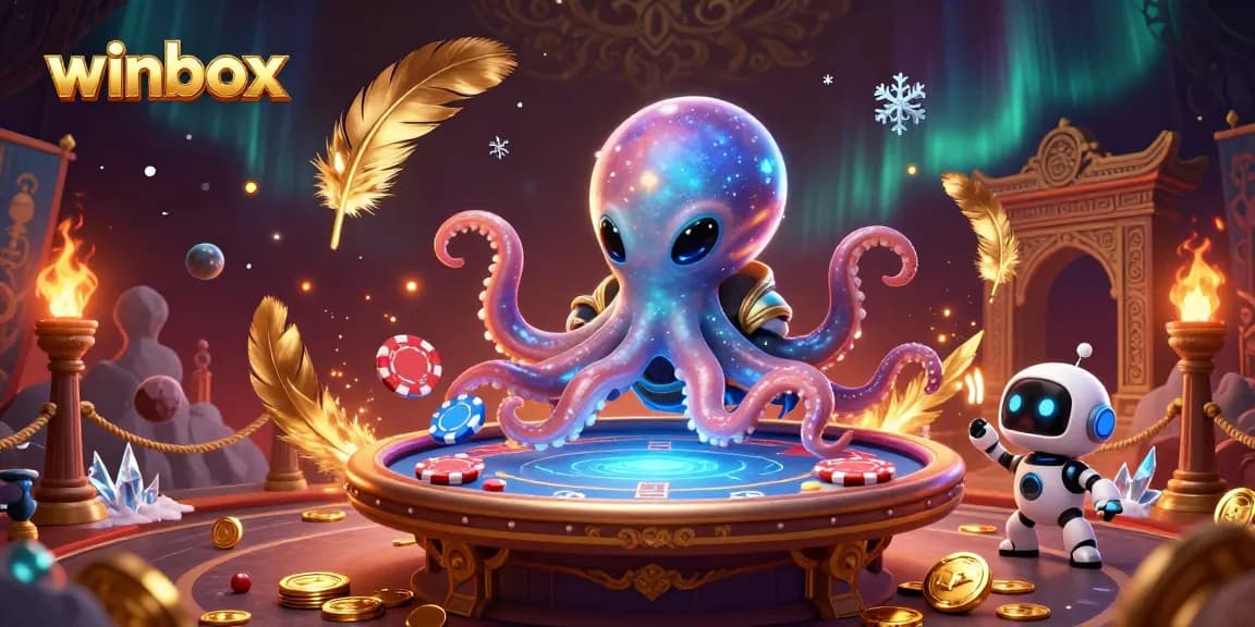 Winbox features an energetic alien octopus and robot at a holographic poker table surrounded by casino elements.