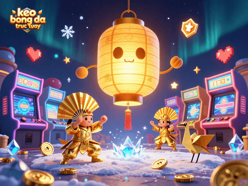 Engage in live betting with keo bong da truc tuyen featuring vibrant golden lanterns and arcade games in a dynamic casino scene