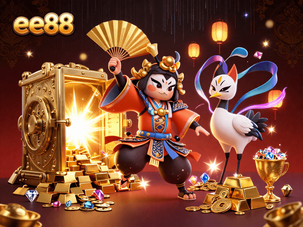Experience the thrill of ee88 casino with a kabuki warrior and vibrant treasures.