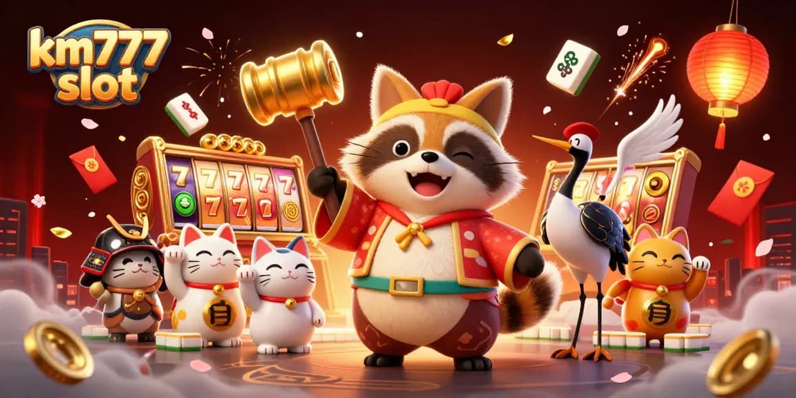 Experience the excitement of km777 slot games with this vibrant 3D illustration featuring lucky symbols and characters.
