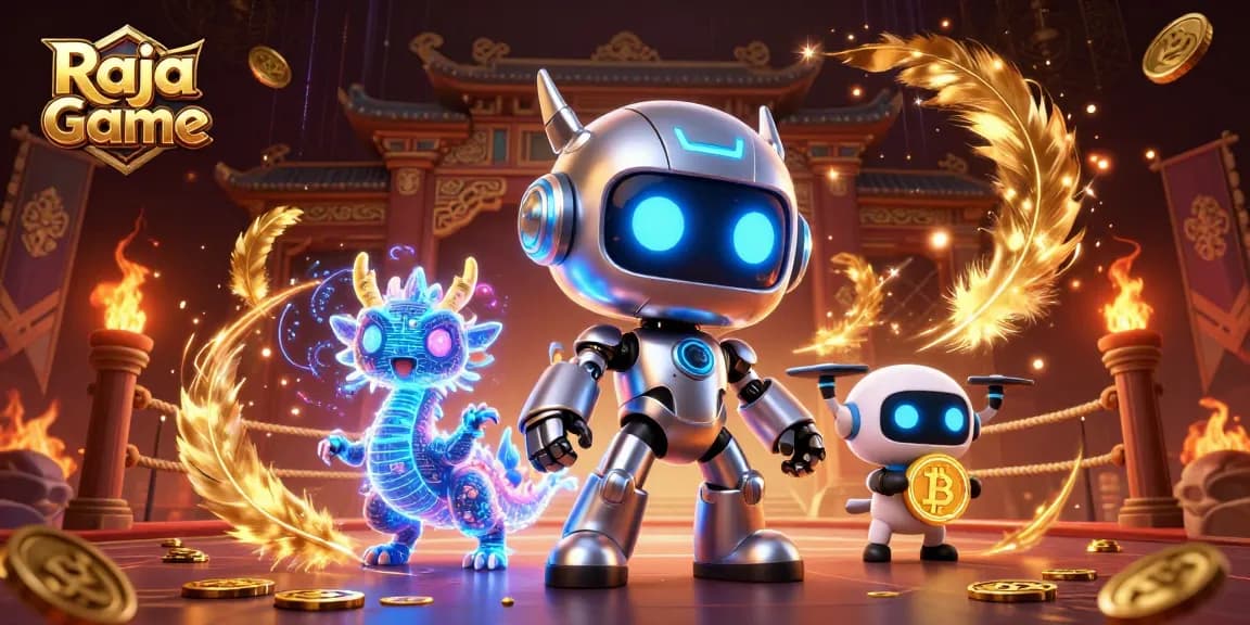 Engage with Raja Game excitement through a 3D casino scene with vibrant neon characters and dynamic elements.