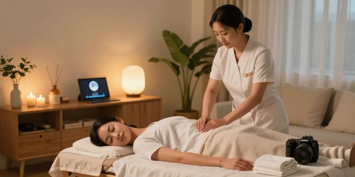 마포출장마사지 전문 관리사가 아늑한 거실에서 고객에게 편안한 마사지를 제공하는 모습