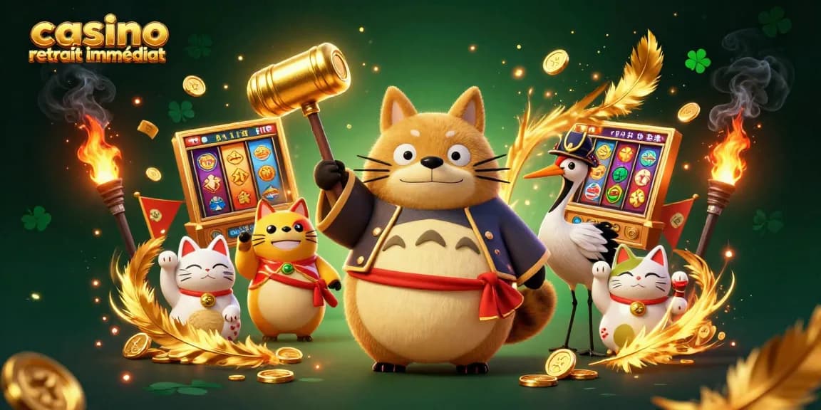 La scène dynamique du casino retrait immédiat avec un tanuki chanceux, des jetons dorés et des éléments de jeu en arrière-plan.