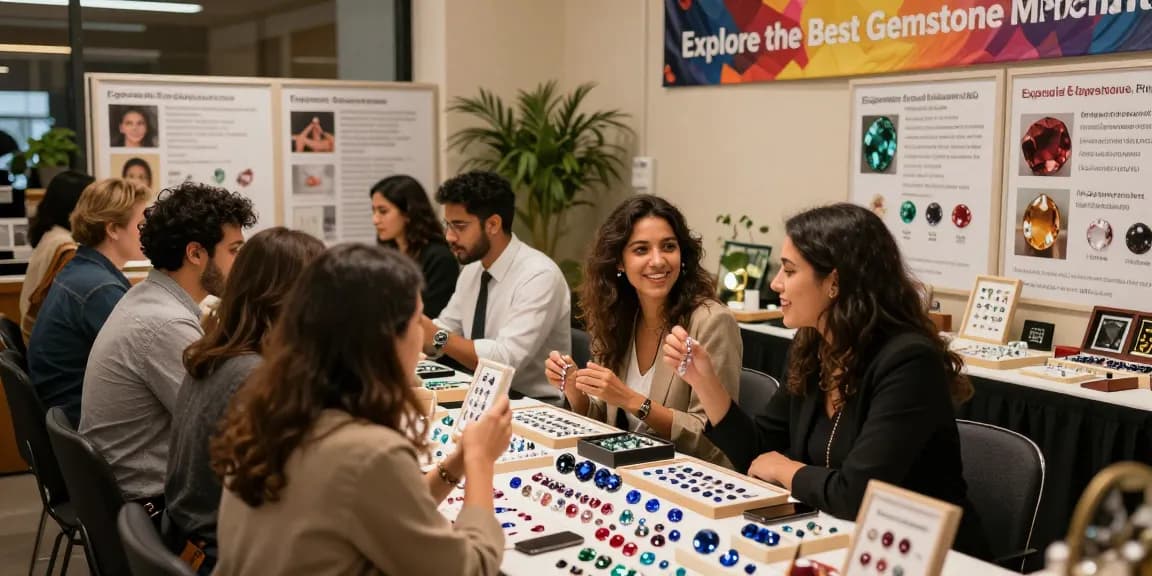 Explore the best gemstone merchants at My Gem Spot, showcasing diverse buyers interacting with quality stones in a vibrant marketplace.