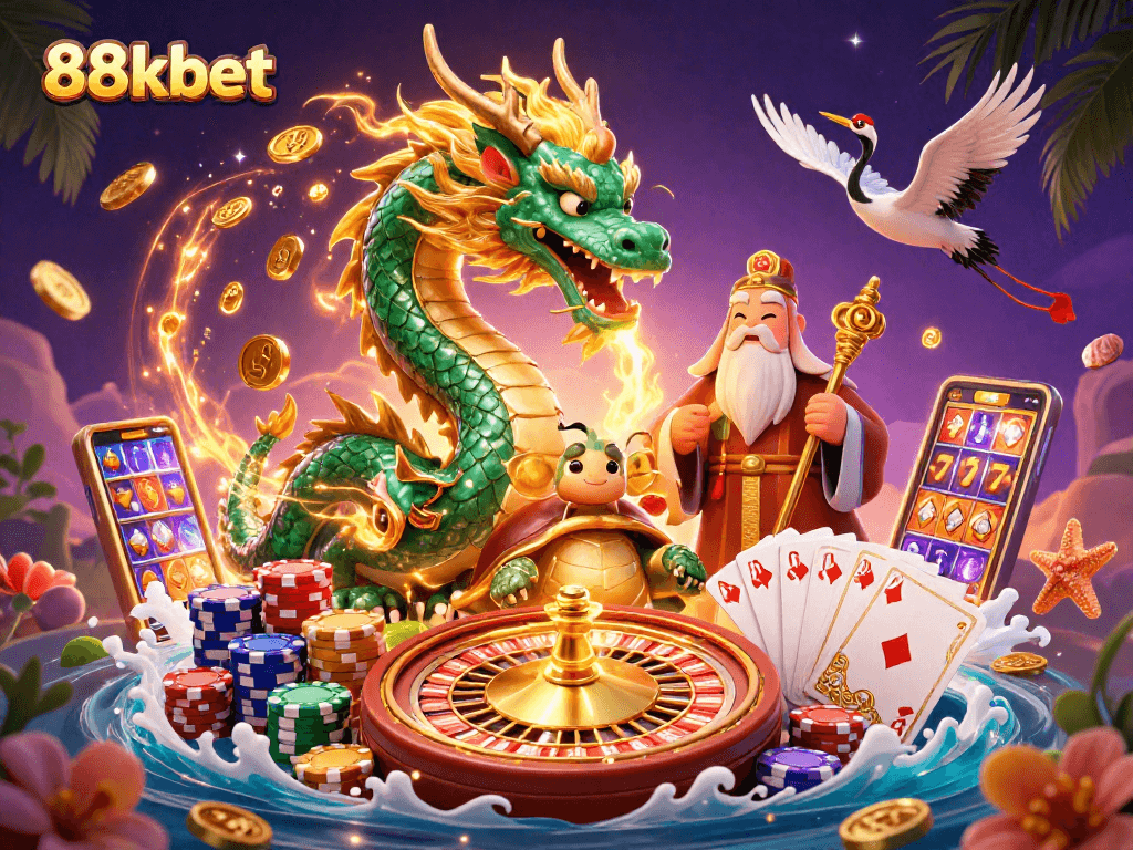 Win big with 88kbet as a jade dragon breathes fire in this vibrant casino scene.