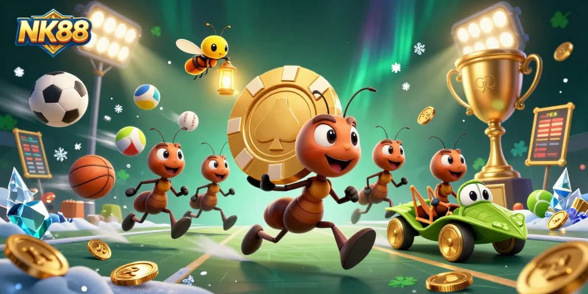 NK88 ants on a heist with a giant poker chip, dynamic sports elements, and vibrant casino theme.