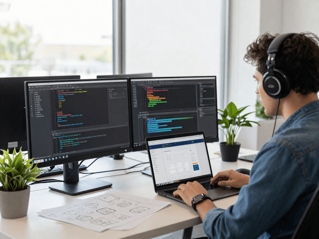 Software engineer coding on dual monitors at a tech office featuring net88 app design elements.
