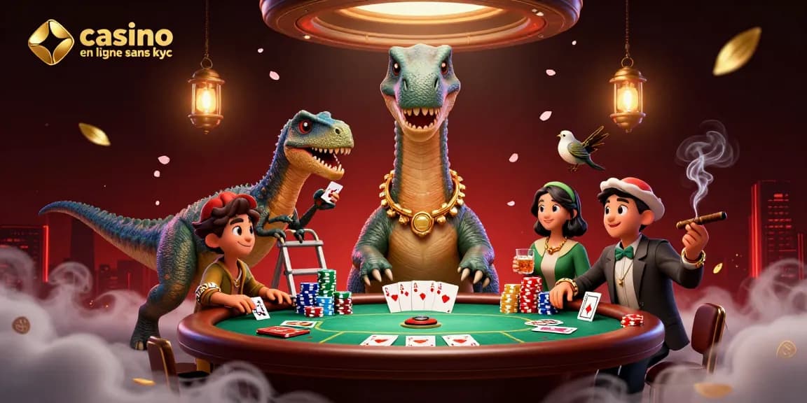 Jouez dans un casino en ligne sans KYC avec un dinosaure conçu dans une scène de jeu animée.