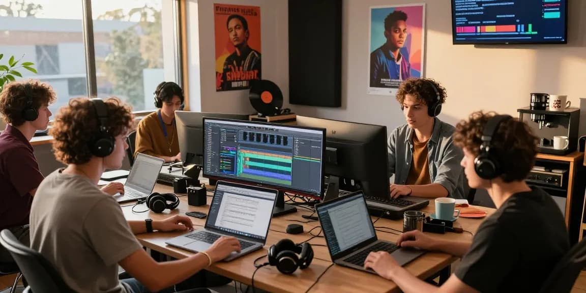 Email login for music artists showcased in a vibrant studio with musicians interacting.