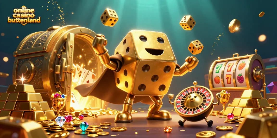 Engage with the thrilling world of online casino buitenland through this vibrant casino scene, featuring golden dice and a roulette ball.