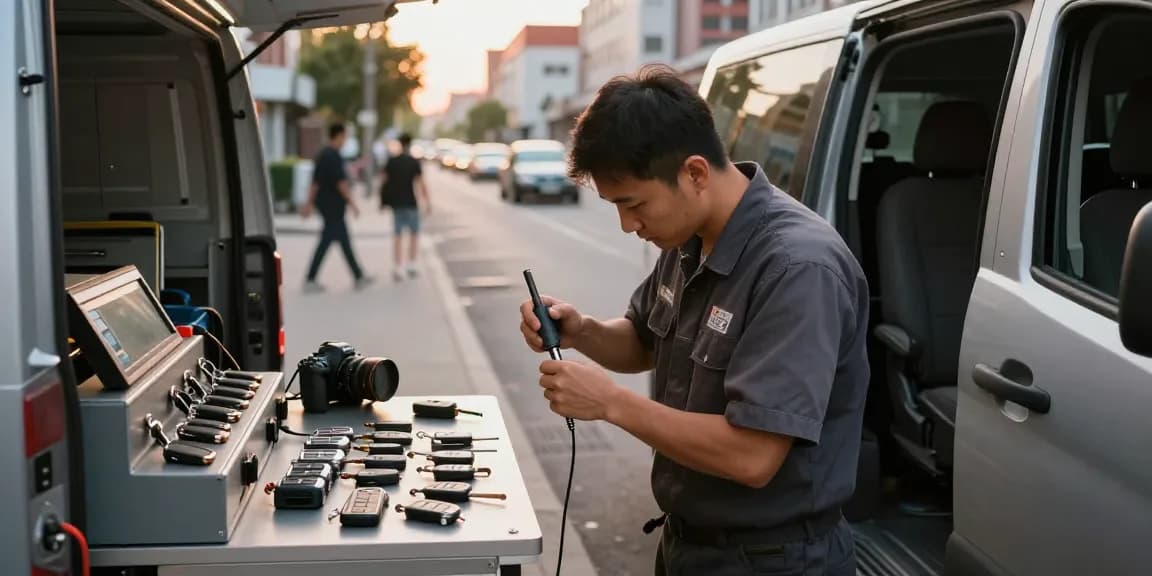 Autosleutel bijmaken by a professional locksmith in urban setting, showcasing tools and car keys.