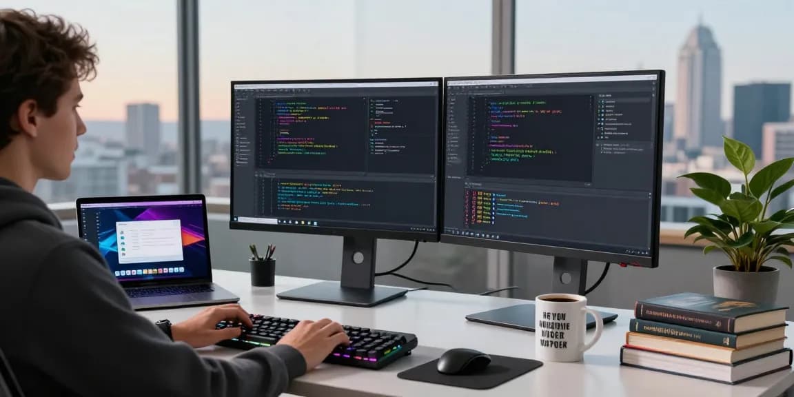 Developer coding on dual monitors in a tech workspace at teiegramin.com