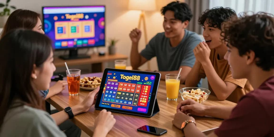 Engaged friends enjoying Pasaran Togel Terlengkap on Togel88 website in a lively setting.