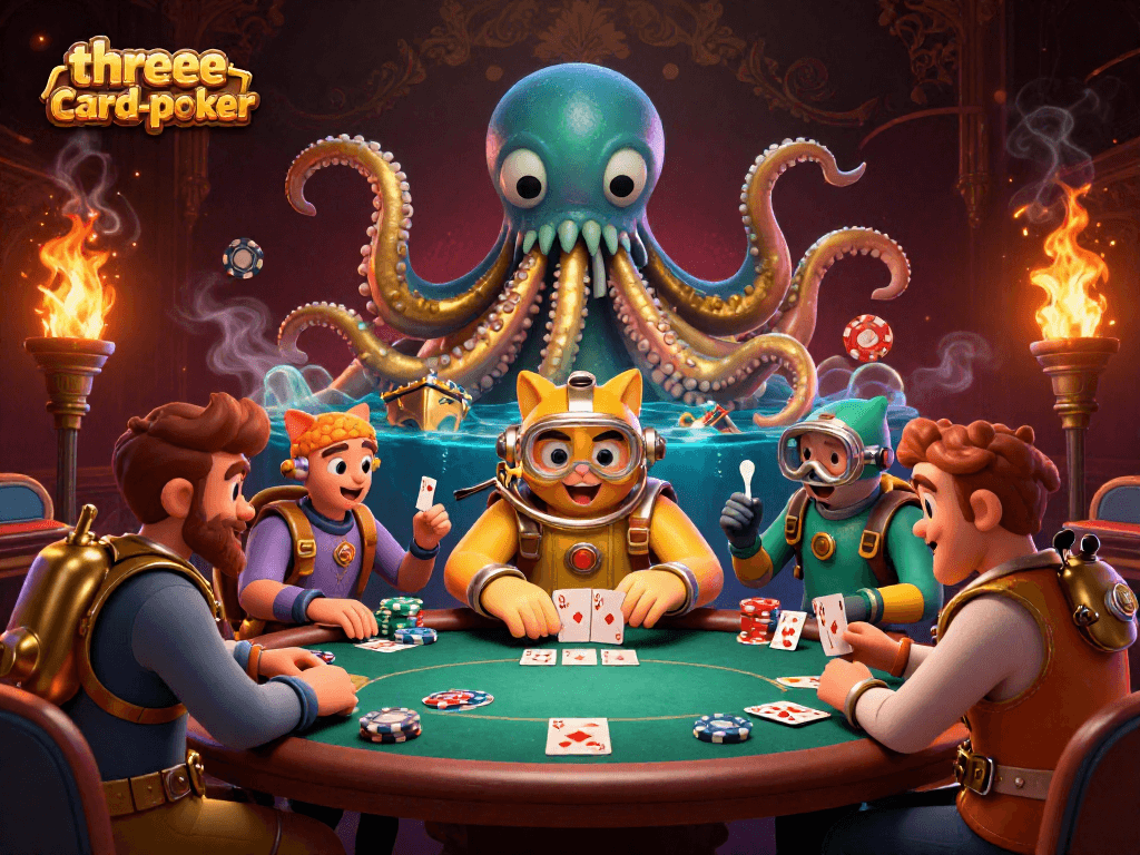 Experience the thrilling three-card-poker action with vibrant characters and elements energizing the casino scene.