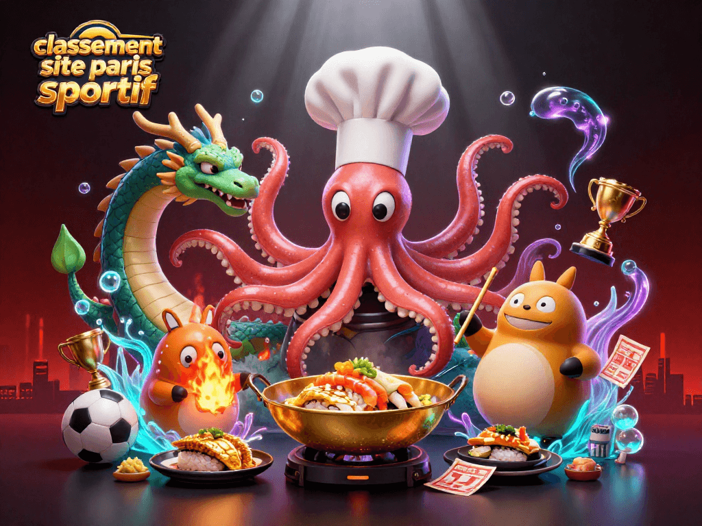 Vivez le classement site paris sportif avec cette illustration dynamique de paris sportifs, où un chef sushi octopus, un dragon et un tanuki se réunissent autour d'éléments de jeu.