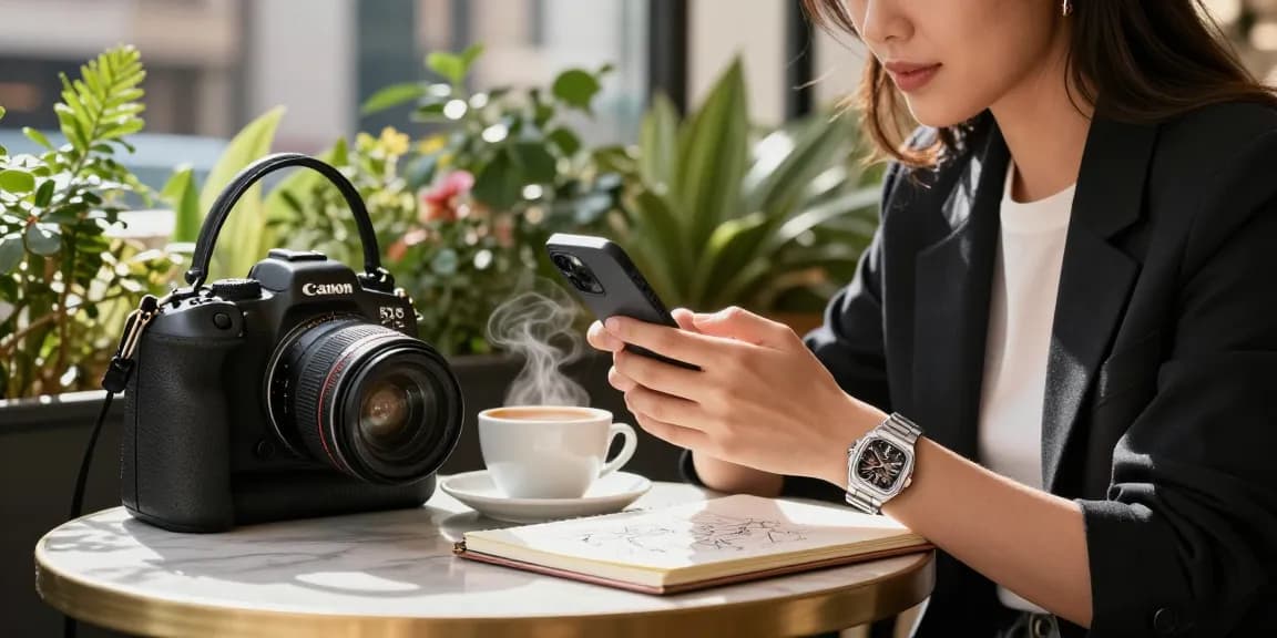 Stylish individual displaying a luxury clone watch while enjoying coffee in an elegant café setting.