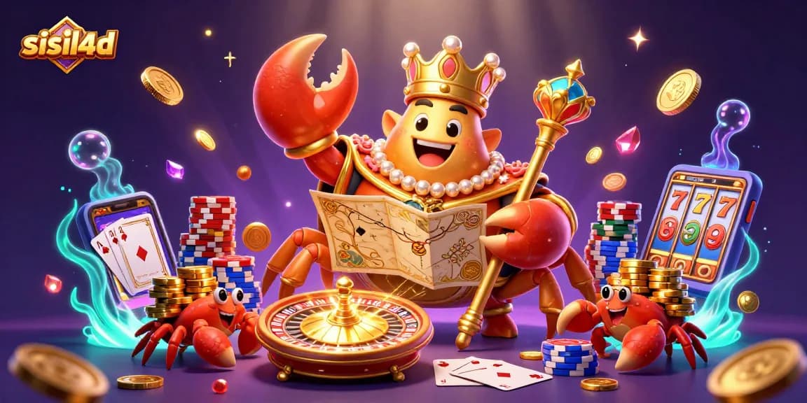 Experience the excitement of sisil4d with a golden crab emperor in a vibrant casino setting featuring shimmering gems and rich rewards.