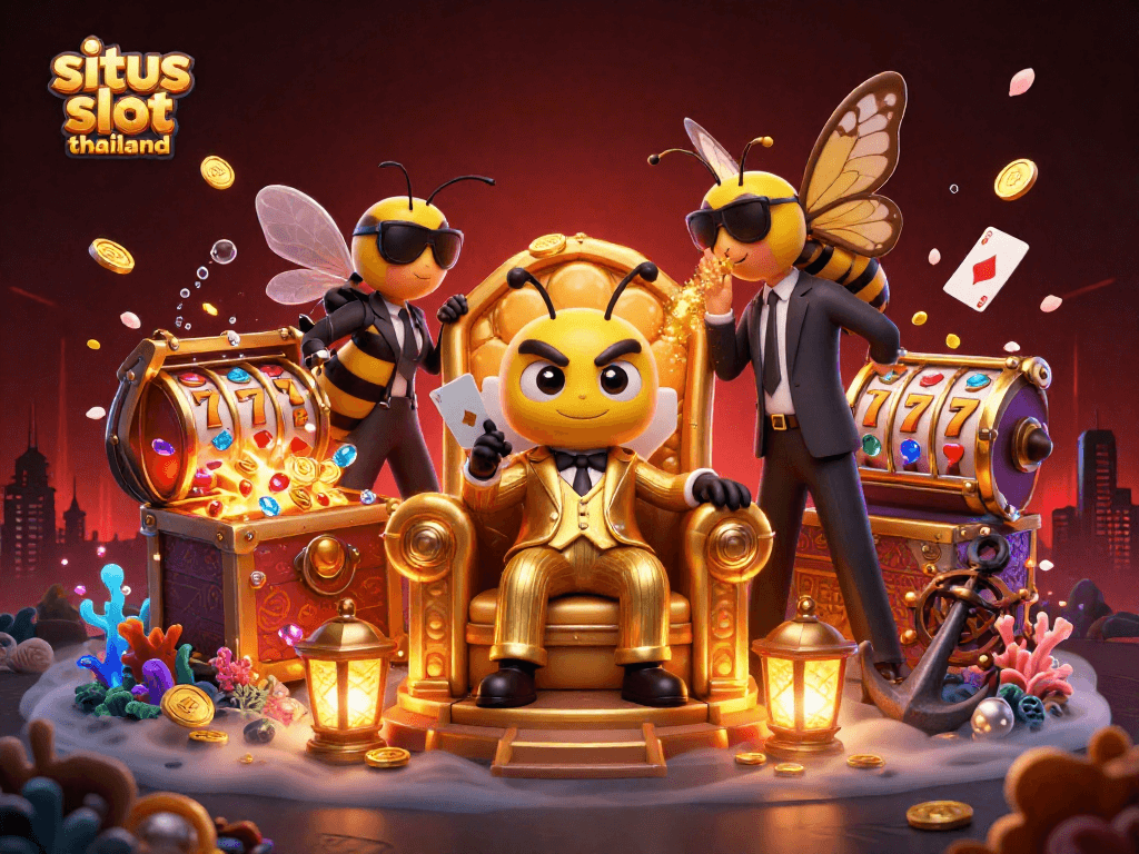 Experience situs slot thailand with a lively scene featuring a bumblebee mob boss and vibrant casino elements.