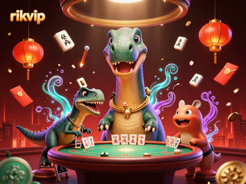 Experience thrilling poker action with rikvip in a vibrant 3D casino scene featuring unique characters.