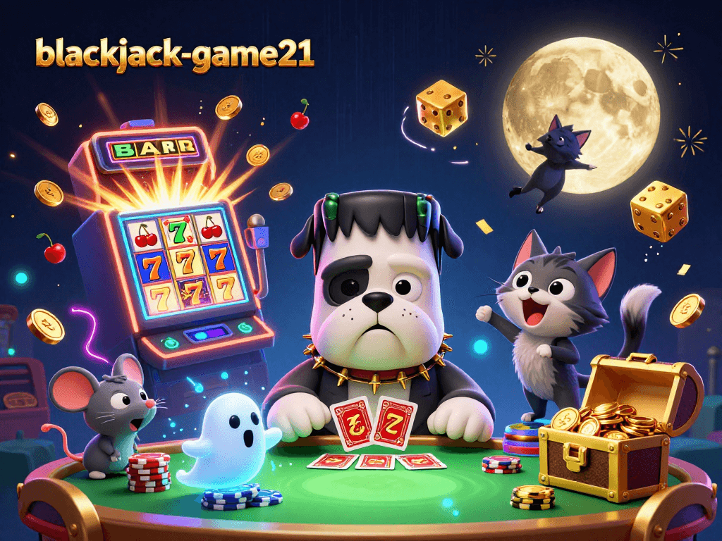 Experience thrilling blackjack-game21 at a vibrant casino scene with characters dealing cards amid a jackpot explosion.