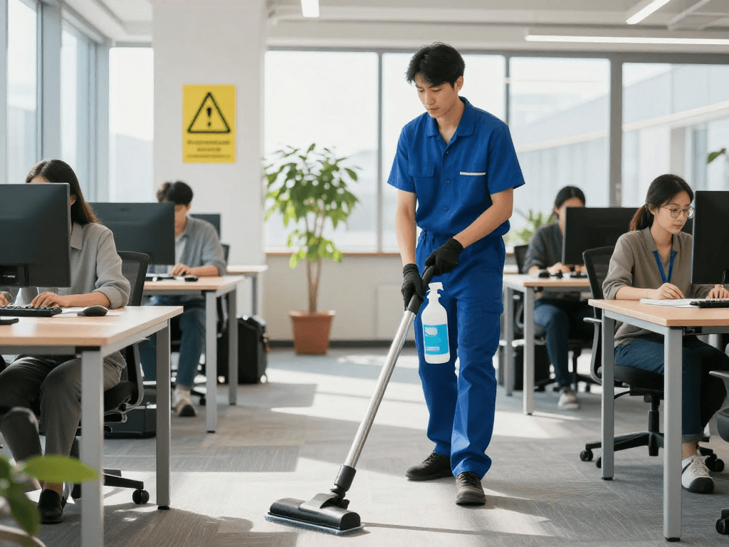 Büroreinigung Dortmund: Professionelle Reinigungskräfte in einem modernen Büro bei der Arbeit.