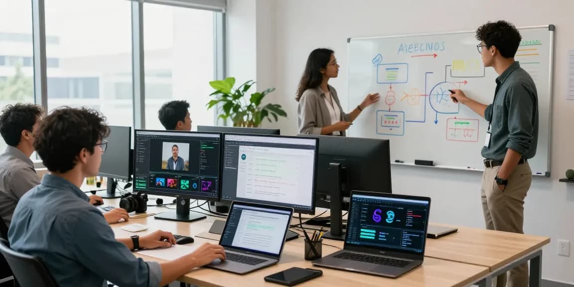 AI detector team collaborating in a modern office, showcasing advanced technology for content moderation.