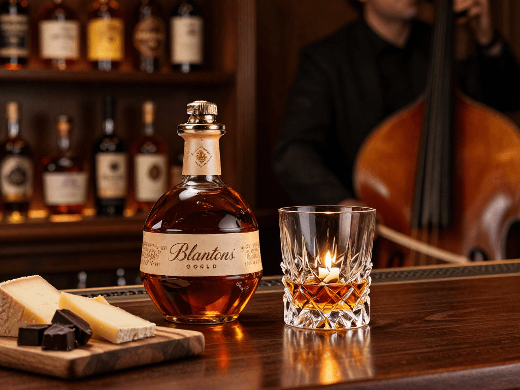 Enjoying Blanton's Gold bourbon in an elegant bar with a charcuterie spread.