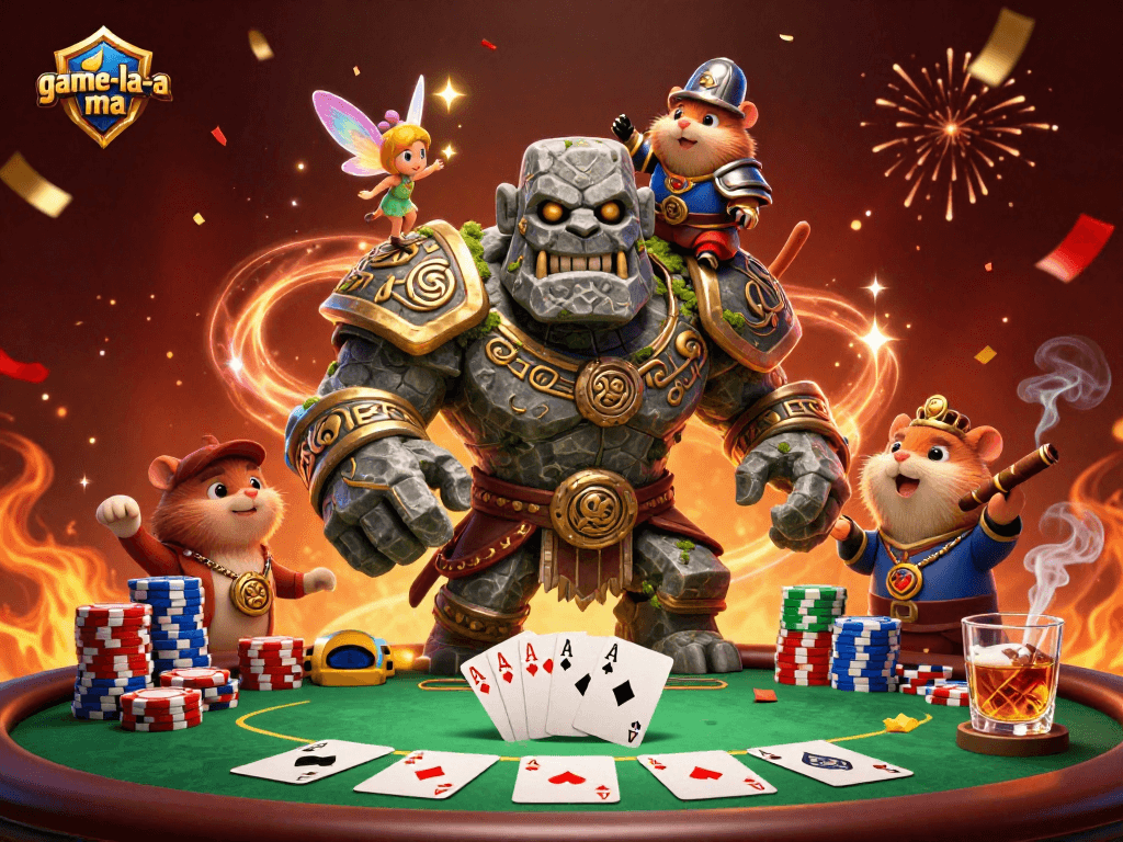 Engage in casino magic with game-la-ma as a golem guardian and friends create winning moments.