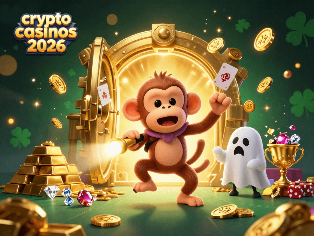 Visitez les crypto casinos 2026 avec un singe fantomatique et un chiot chasseur, dans une scène riche en trésors.