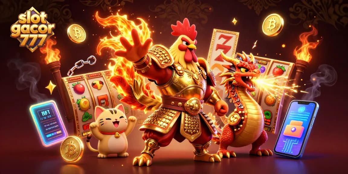 Experience thrilling gameplay with slot gacor 777, featuring a powerful rooster warrior and exciting slot symbols!