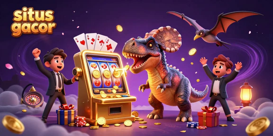 Experience the exciting situs slot gacor with a 3D illustration of a dino-themed slot adventure.
