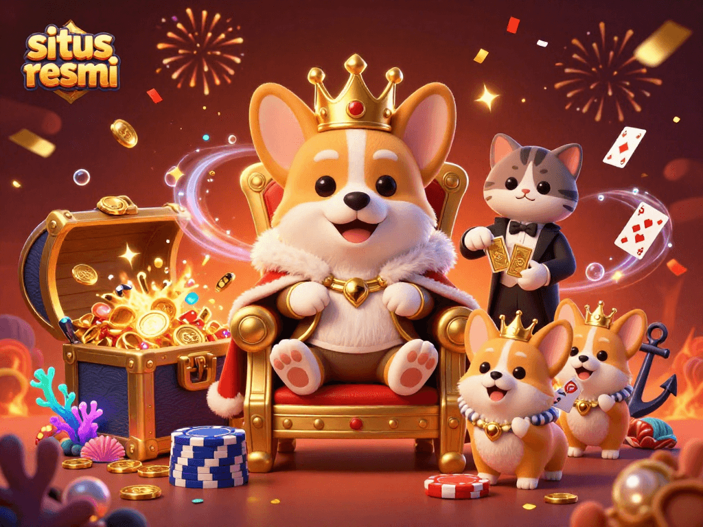 Engage in gaming excitement at situs resmi with royal corgi and vibrant casino elements alight.
