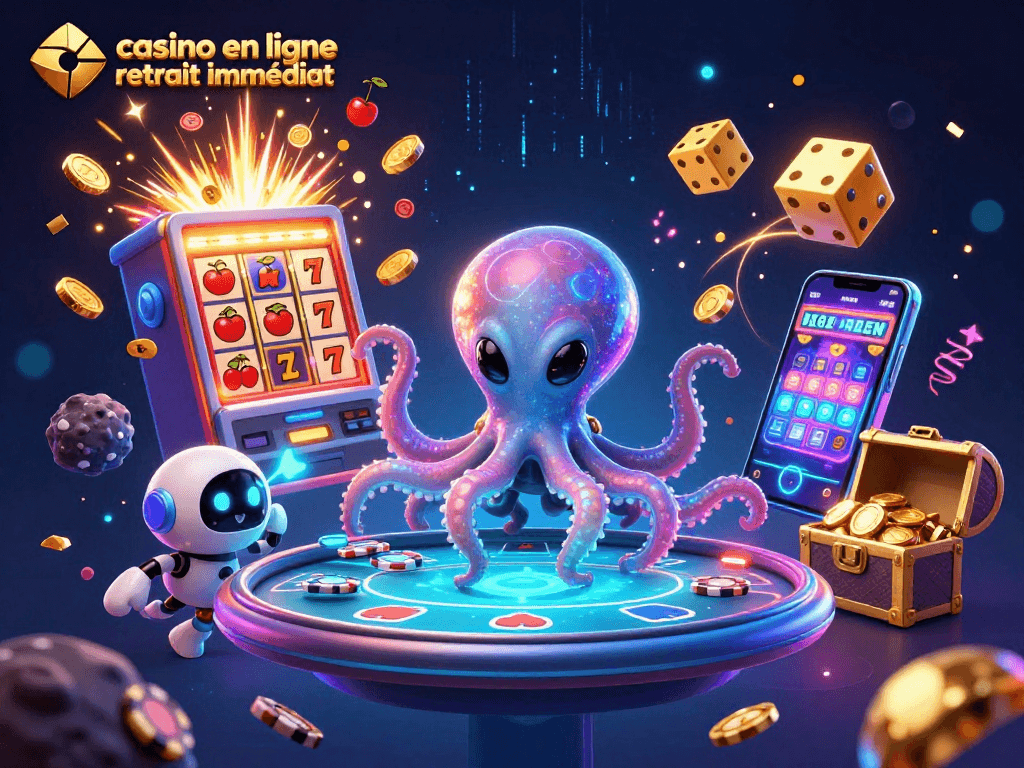 Casino en ligne retrait immédiat avec une illustration d'un poulpe alien et une table de poker holographique