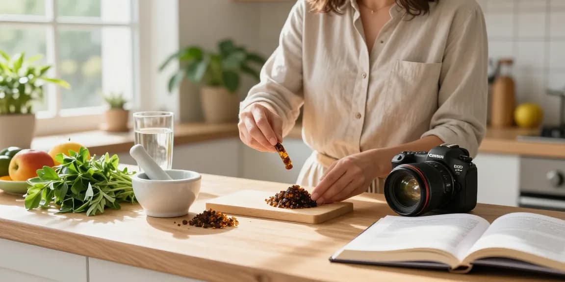 Holistic wellness kitchen scene showing the preparation of Shilajit Australia resin with natural ingredients and sunlight.