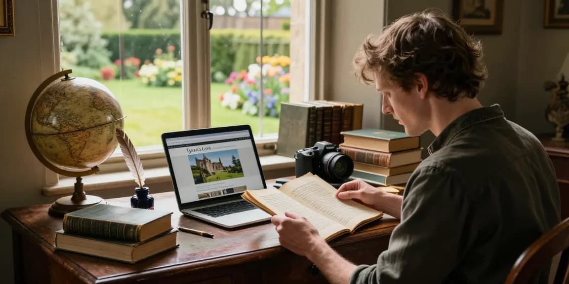 Immersive reading experience at https://tyntescastle.com, showcasing a storyteller surrounded by historical artifacts and a laptop.