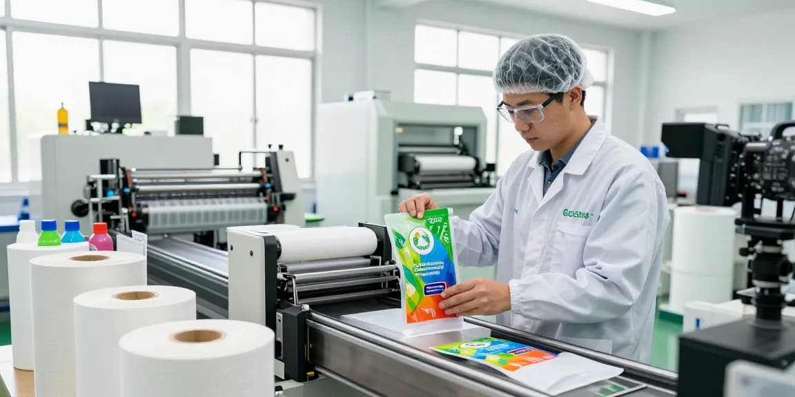 Technician inspecting recyclable stand up pouches at Gozen Packaging's eco-friendly manufacturing facility.