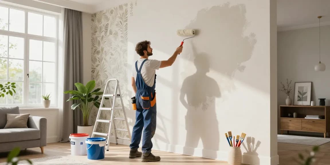 Renovation process in a modern living room with skilled contractor painting a wall, tools, and stylish decor.