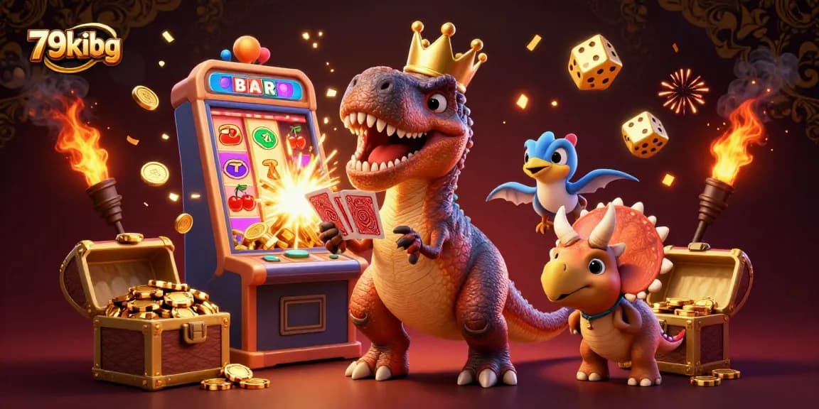 Experience the excitement with 79kibg as friendly dinosaurs embrace casino action surrounded by vibrant game elements.
