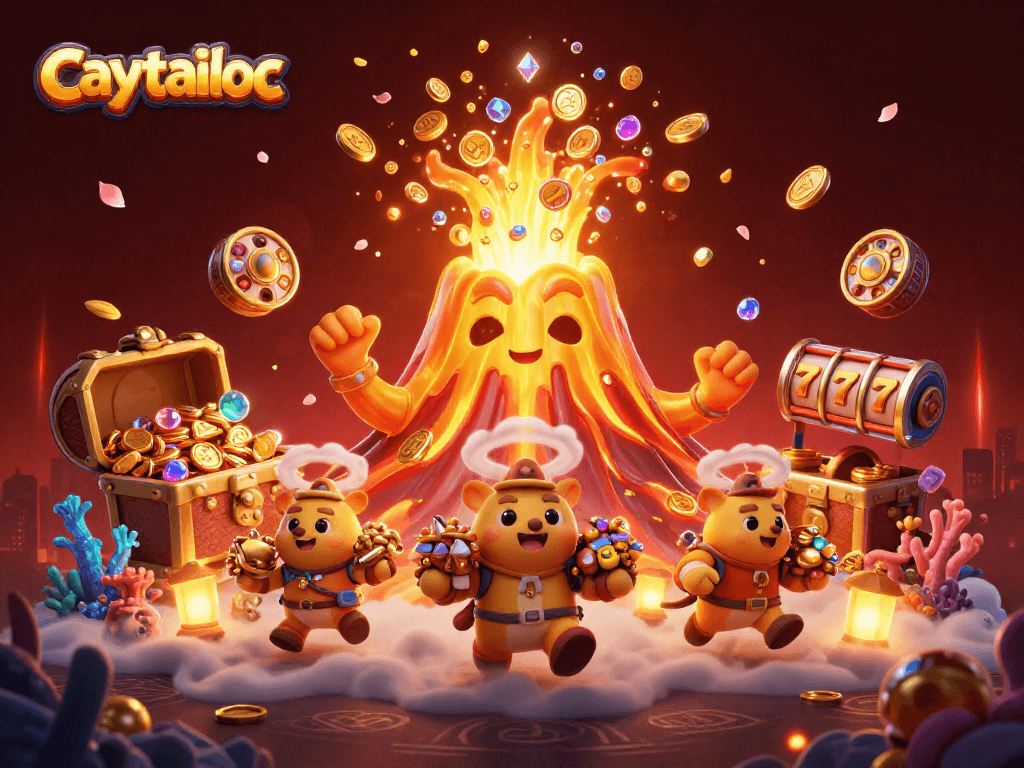 Caytailoc showcases an exciting jackpot scene with golden volcano and slot elements bursting with treasures.