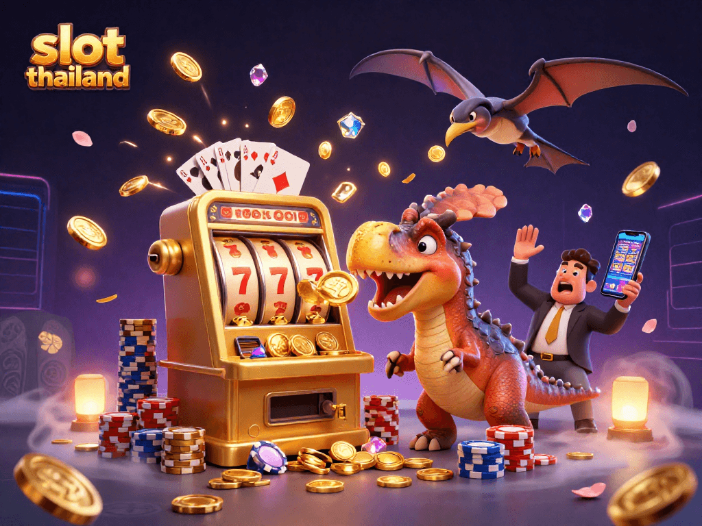 Engaging slot thailand scene with animated dinosaurs and golden slot machine excitement.