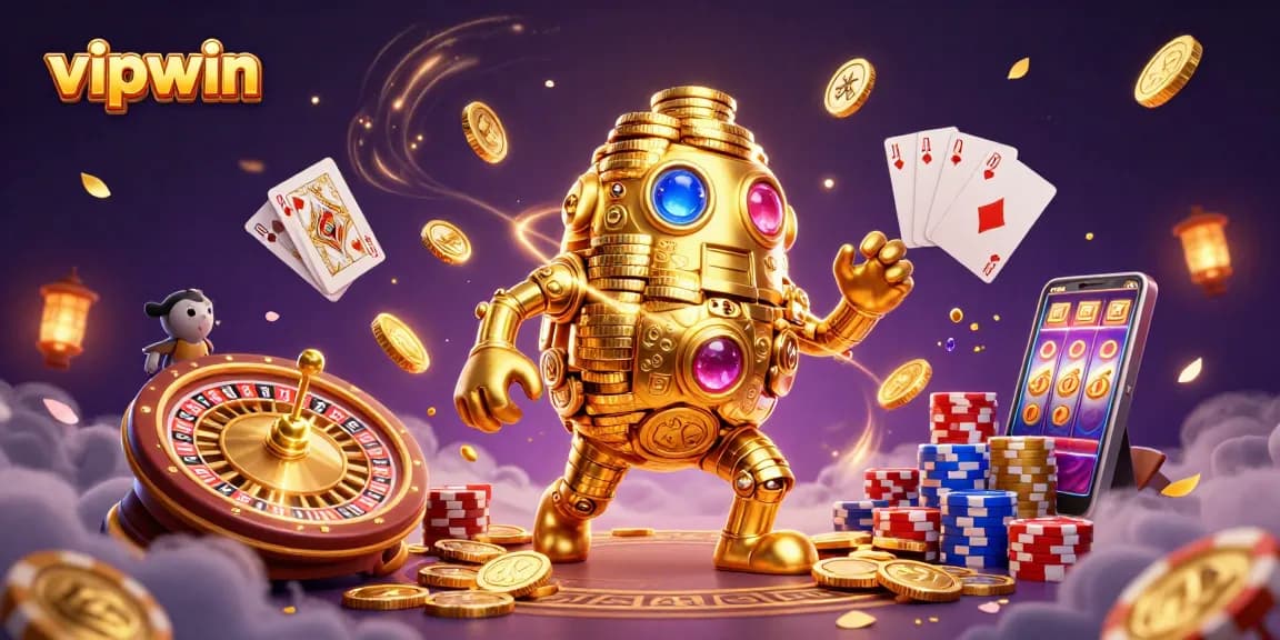 Experience the thrill of vipwin as cascading coins and gems envelop a golden golem, embodying casino excitement.