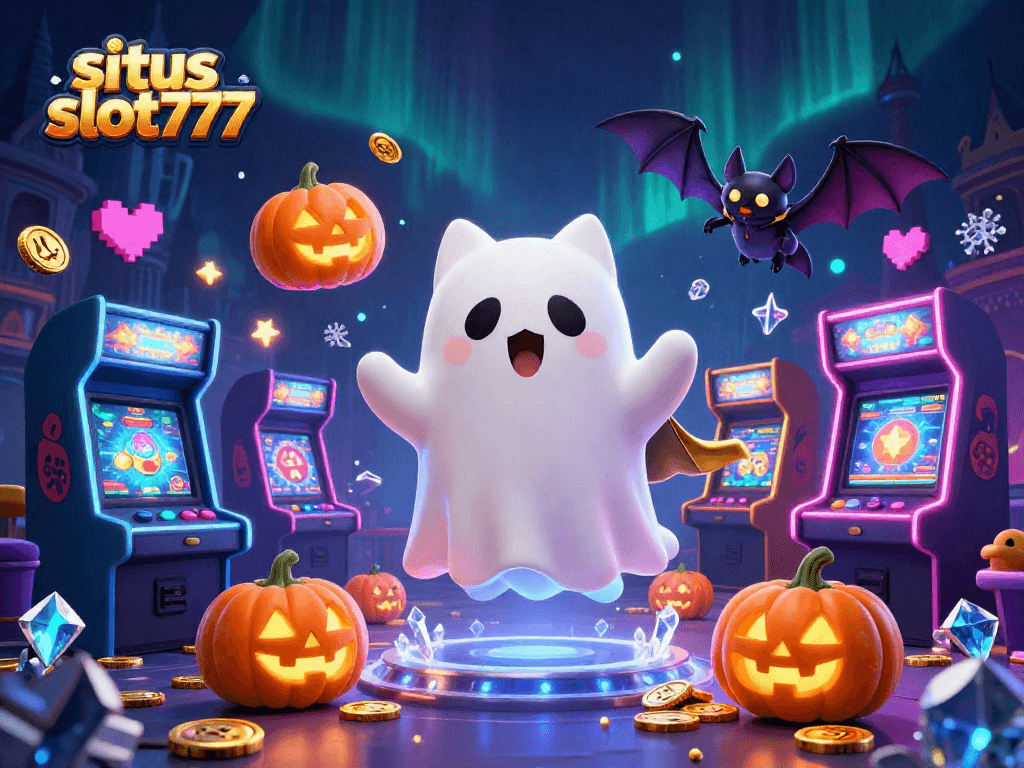 Shoot for big wins with situs slot777 in this lively haunted casino scene filled with vibrant gaming elements.