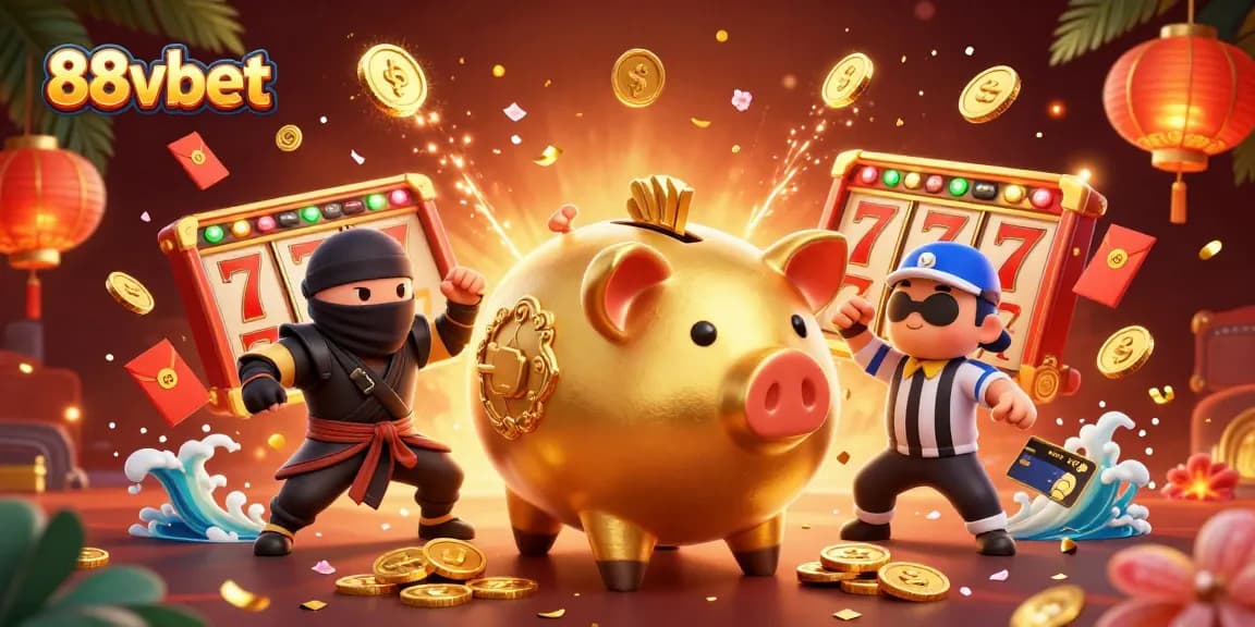 Experience exciting moments at 88vbet with a golden piggy bank sumo wrestler and dynamic casino elements!