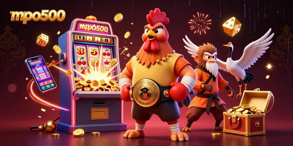 Spin the reels with mpo500's vibrant jackpot scene featuring unique cartoon characters and casino elements.