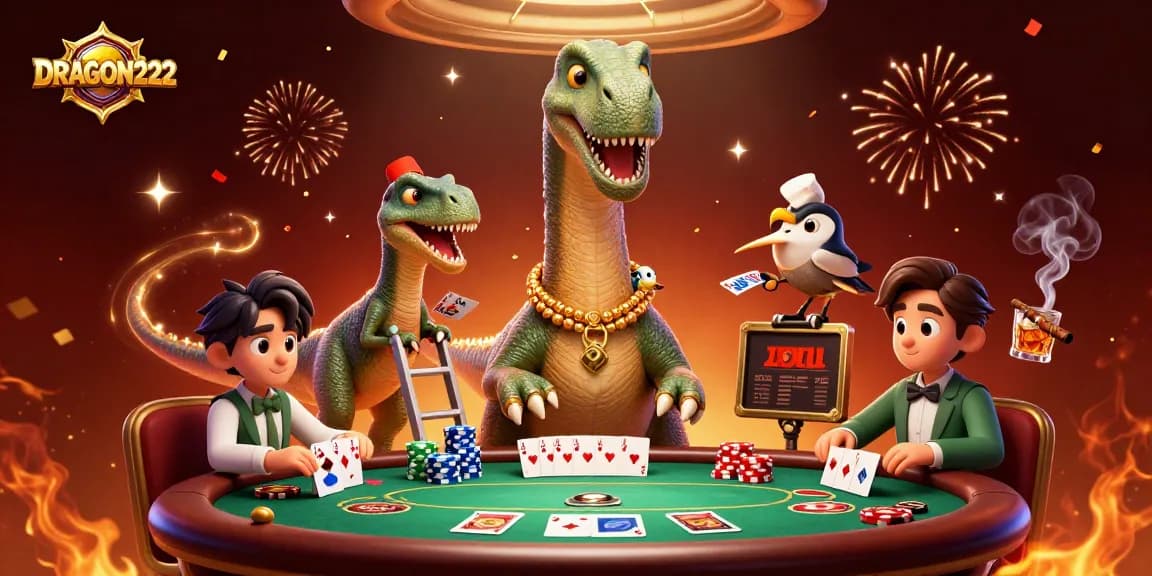 Join the playful excitement at DRAGON222 as giant characters engage in a thrilling poker game.